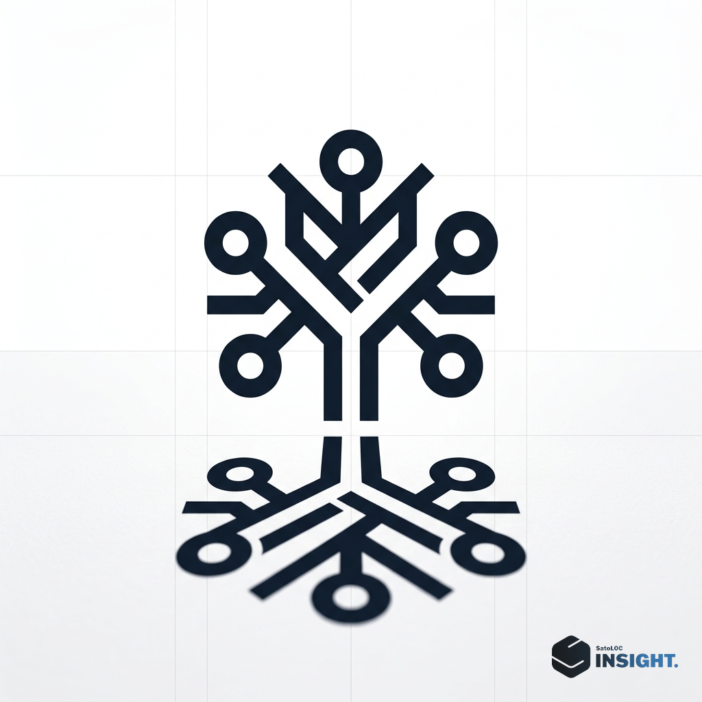 Minimal geometric composition showing a clean corporate logo mark casting a precise shadow onto an AI-generated surface below it, Paul Rand IBM-era corporate identity aesthetic, de