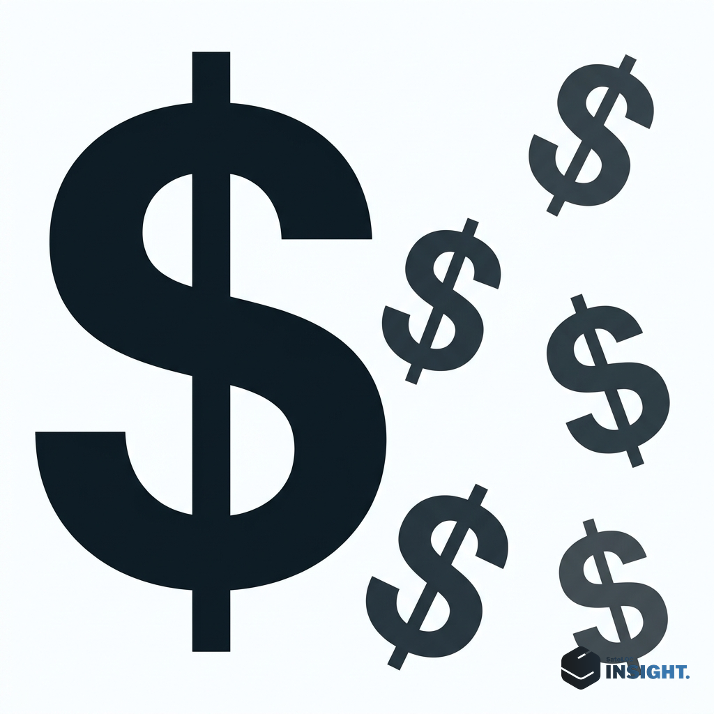 Bold typographic composition, large dollar sign in deep navy #101a21 fragmenting into five smaller dollar signs scattered across white space, each smaller sign slightly rotated and