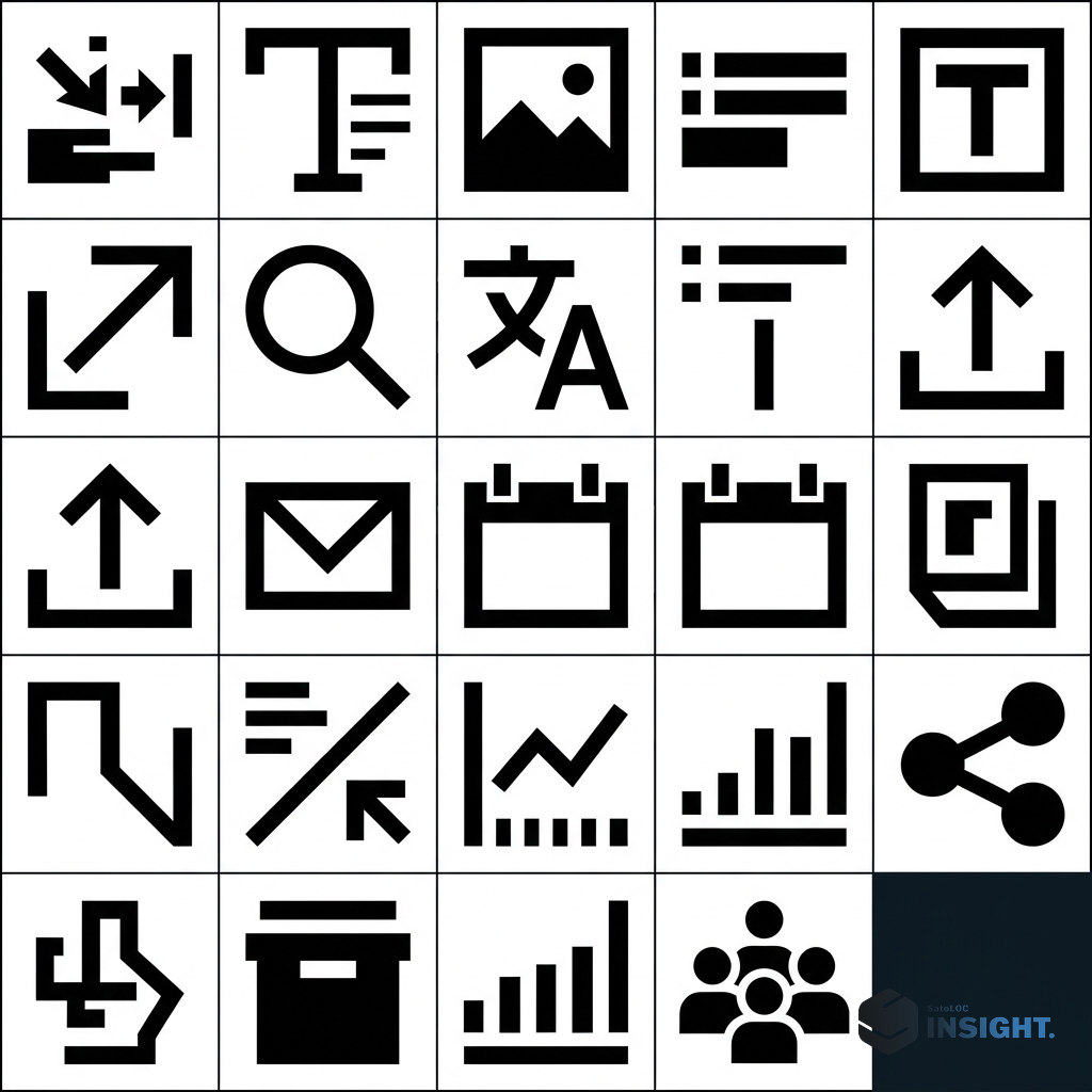 Strict modular grid of 25 equal squares, 5x5 arrangement, 24 squares filled with minimal tool icons rendered as pure geometric black shapes on white, one square bottom right comple