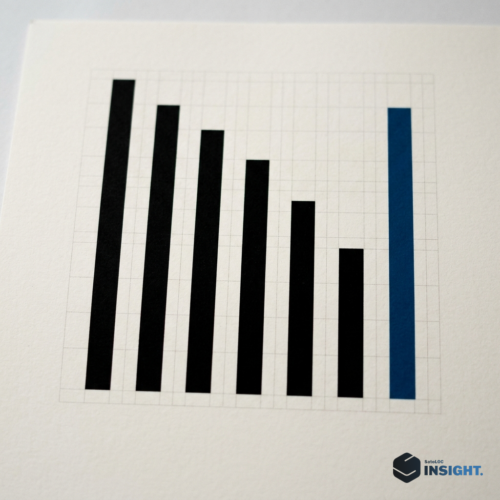 Abstract data visualization of 7 vertical columns reducing to 1 single column, black bars on off-white grid paper, Josef Müller-Brockmann concert poster precision, mathematical rhy