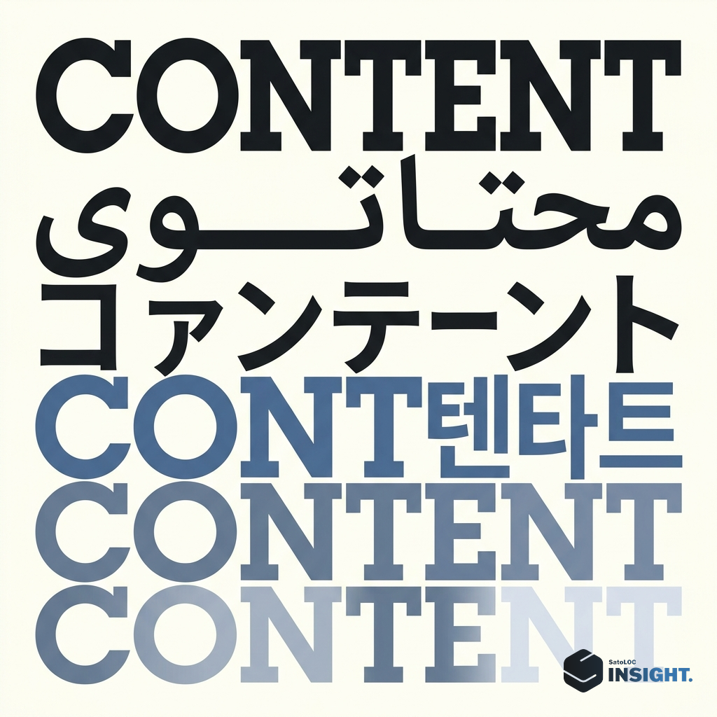 Typographic composition of the word CONTENT in bold black letterforms at top, same word below in Arabic, Japanese, Korean, German, Turkish — each line slightly delayed and offset t