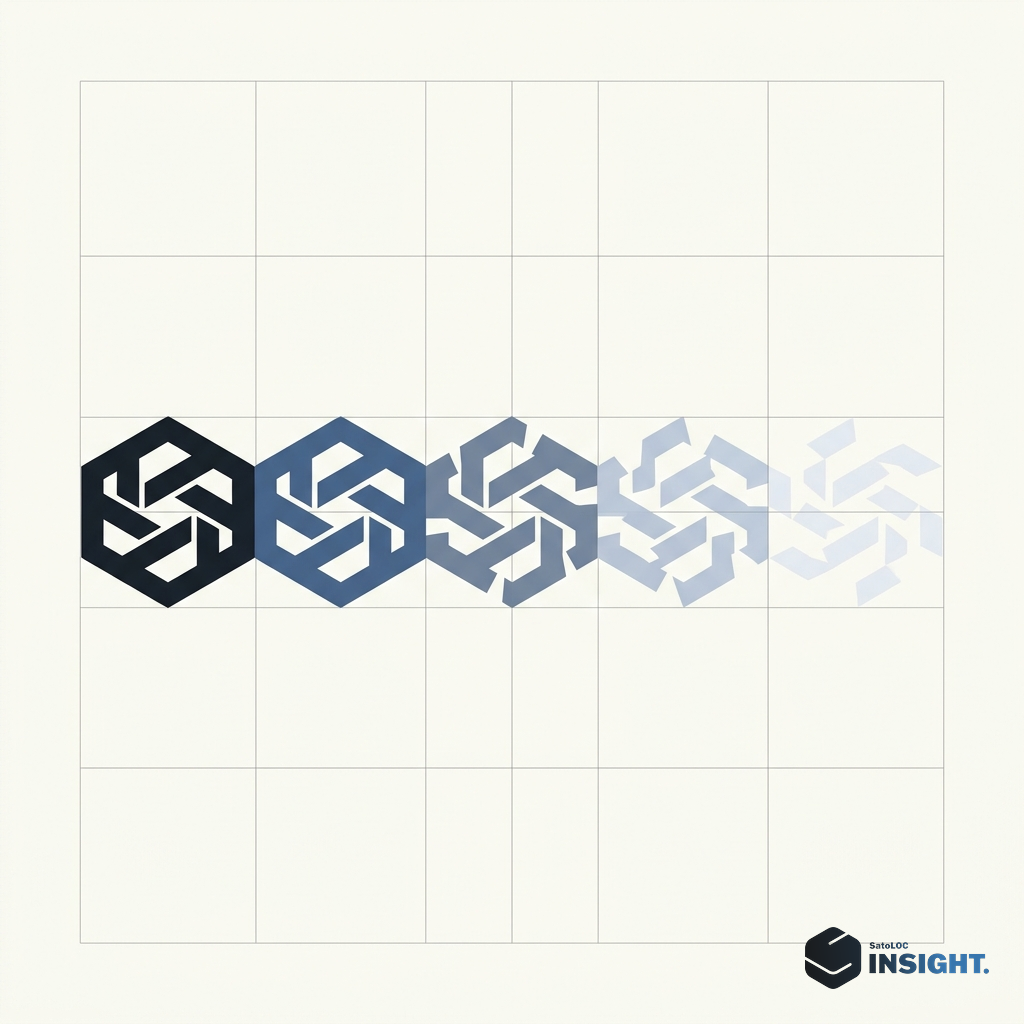 Single geometric logo mark on left side of composition, same logo mark repeated four more times moving right across the grid, each repetition becoming progressively more distorted 