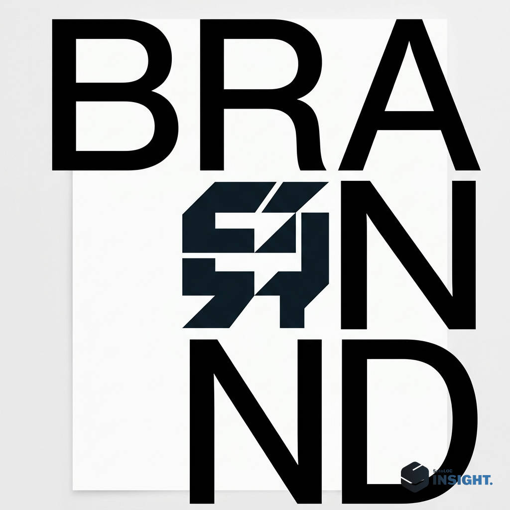 Typographic poster composition, enormous black sans-serif letterforms spelling "BRAND" on pure white background, one letterform replaced by a bold geometric logo mark in deep navy