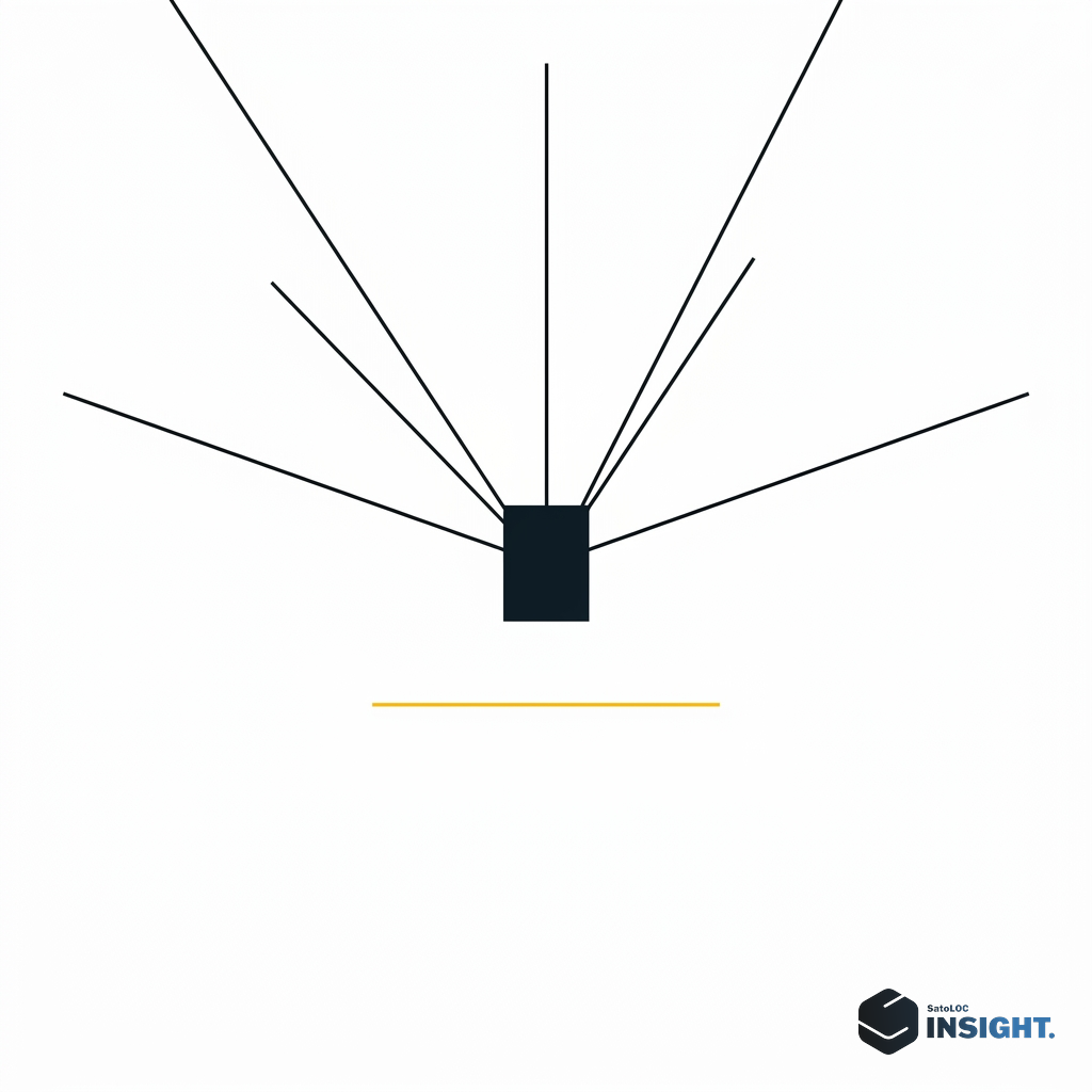 Five thin black lines converging from five different angles into a single bold point at center, the convergence point is a small deep navy #101a21 square, Paul Rand IBM poster redu